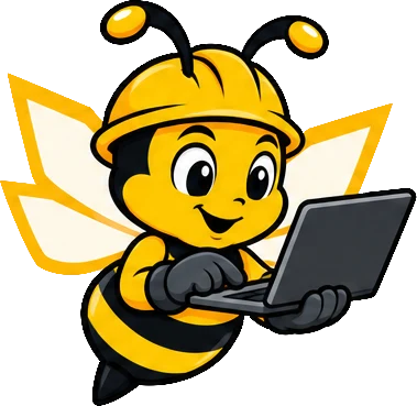 BuilderBuzz bee mascot in a hard hat, at work pose