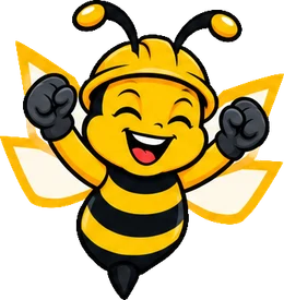 BuilderBuzz bee mascot in a hard hat, celebrate pose