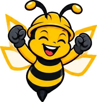 BuilderBuzz bee mascot in a hard hat, celebrate pose