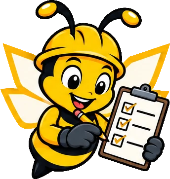 BuilderBuzz bee mascot in a hard hat, checklist pose