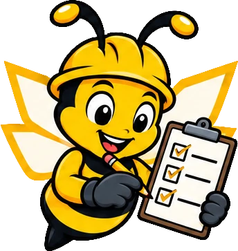 BuilderBuzz bee mascot in a hard hat, checklist pose