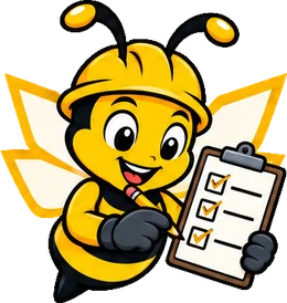 BuilderBuzz bee mascot in a hard hat, checklist pose