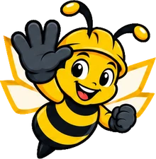 BuilderBuzz bee mascot in a hard hat, high five pose