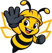 BuilderBuzz bee mascot in a hard hat, high five pose