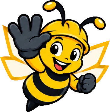 BuilderBuzz bee mascot in a hard hat, high five pose