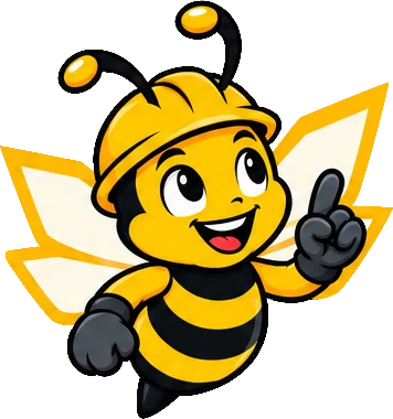 BuilderBuzz bee mascot in a hard hat, idea pose