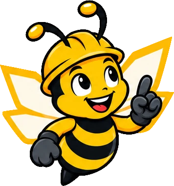 BuilderBuzz bee mascot in a hard hat, idea pose