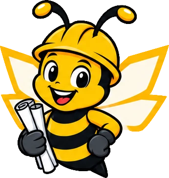 BuilderBuzz bee mascot in a hard hat, lets build pose