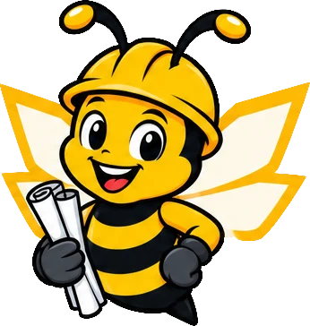 BuilderBuzz bee mascot in a hard hat, lets build pose