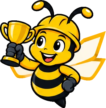 BuilderBuzz bee mascot in a hard hat, mission complete pose