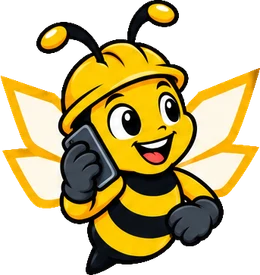 BuilderBuzz bee mascot in a hard hat, on a call pose