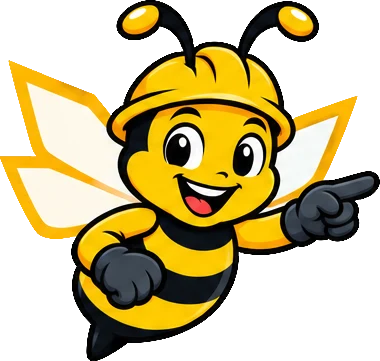BuilderBuzz bee mascot in a hard hat, pointing pose