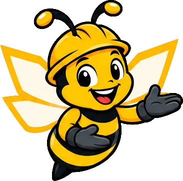 BuilderBuzz bee mascot in a hard hat, presenting pose