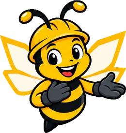 BuilderBuzz bee mascot in a hard hat, thank you pose
