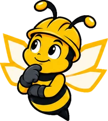 BuilderBuzz bee mascot in a hard hat, thinking pose