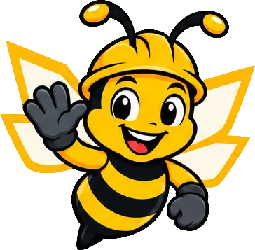 BuilderBuzz bee mascot in a hard hat, welcome pose